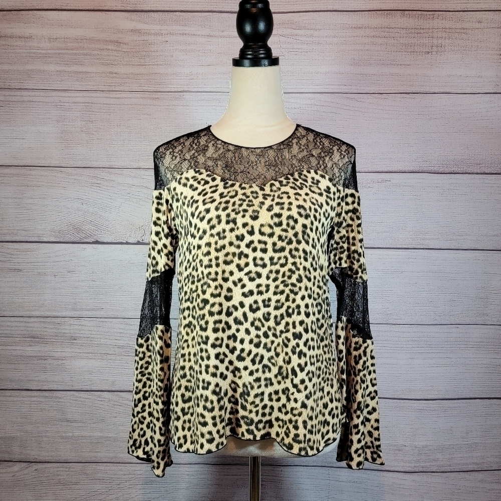 ZARA Basic Collection Leopard Print Blouse with Blace Lace Accents Tan Size XS